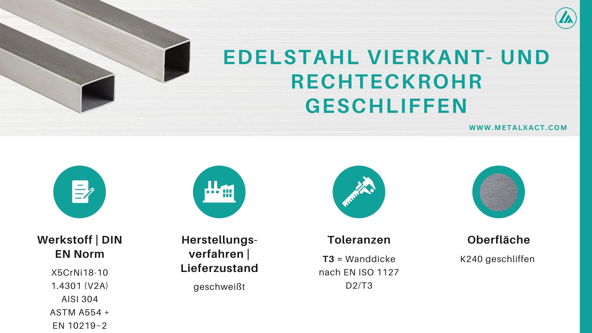 Edelstahl Rechteckrohr (geschliffen) 40 x 20 x 2 mm V2A (1.4301)