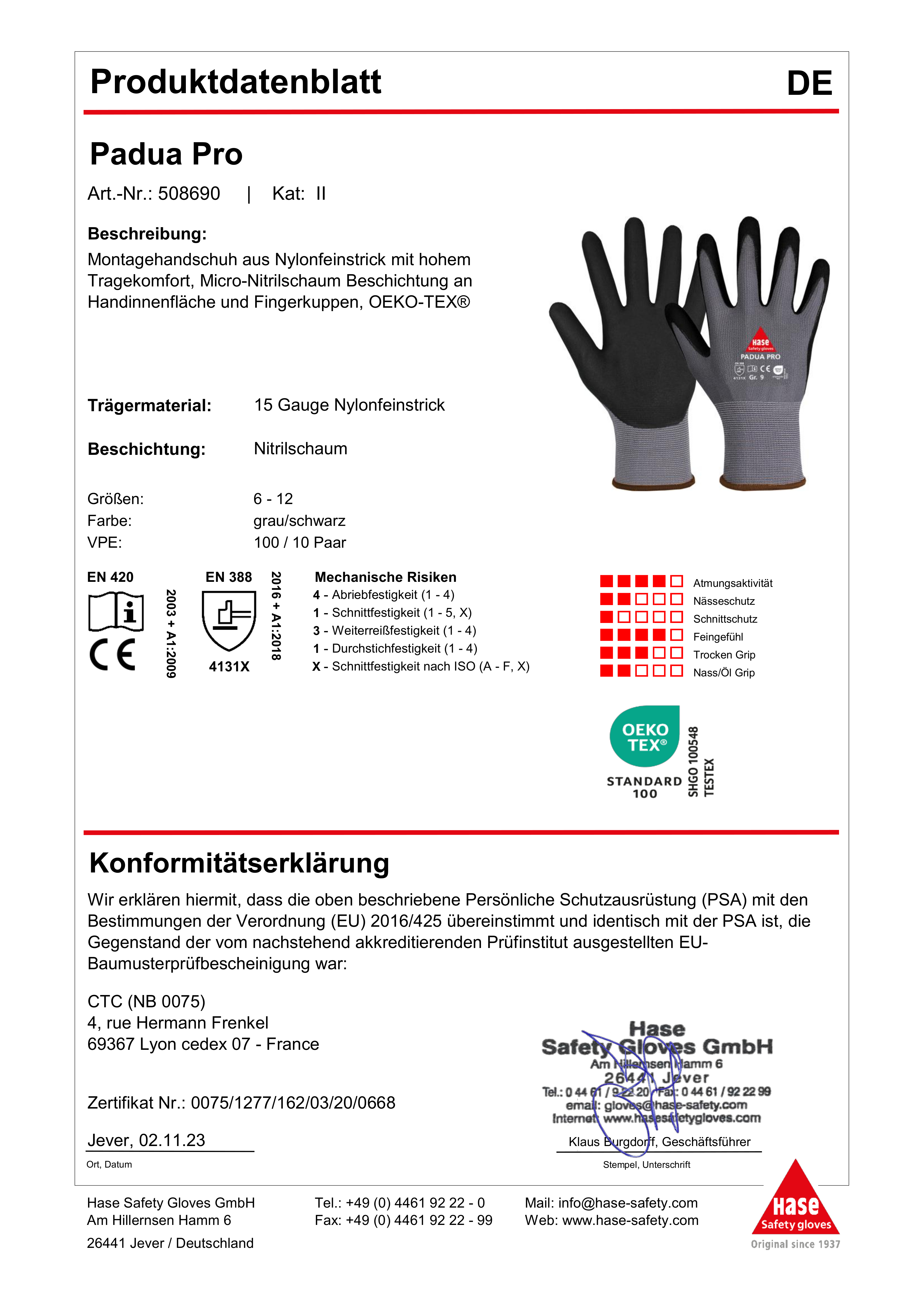 PADUA PRO, guanto di montaggio in nylon/micro nitrile espanso taglia 6-11, cat. II, EN 388, OEKO-TEX