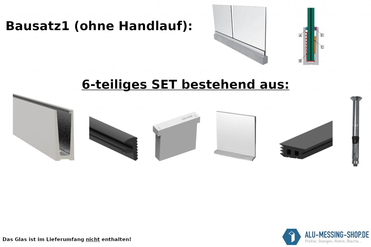 Alu Ganzglasgeländer Profil SET mit Edelstahl V2A Handlauf Glasgeländer Balkongeländer Glas Galerie - Bausatz1: Aufgeschraubte Bodenmontage für Glasstärke 21,52 mm ohne Handlauf 2.500 mm