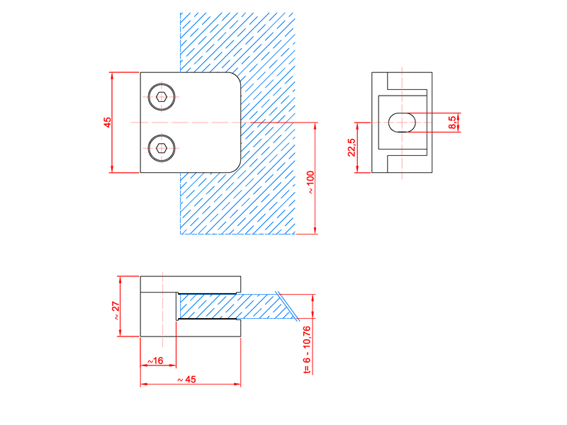 Edelstahl Glashalter - 45 x 45 mm || gerade (flach) 10 mm