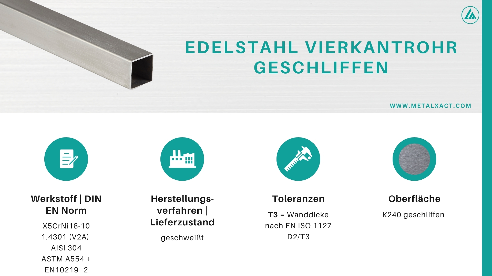 Edelstahl Vierkantrohr (geschliffen) 12 x 12 x 1 mm