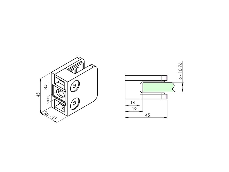 Edelstahl Glashalter - 45 x 45 mm || gerade (flach) 10 mm