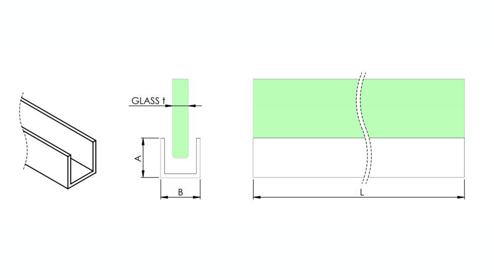 Aluminium U-Duschprofil 15 x 10 x 2 mm für Glas 6 mm