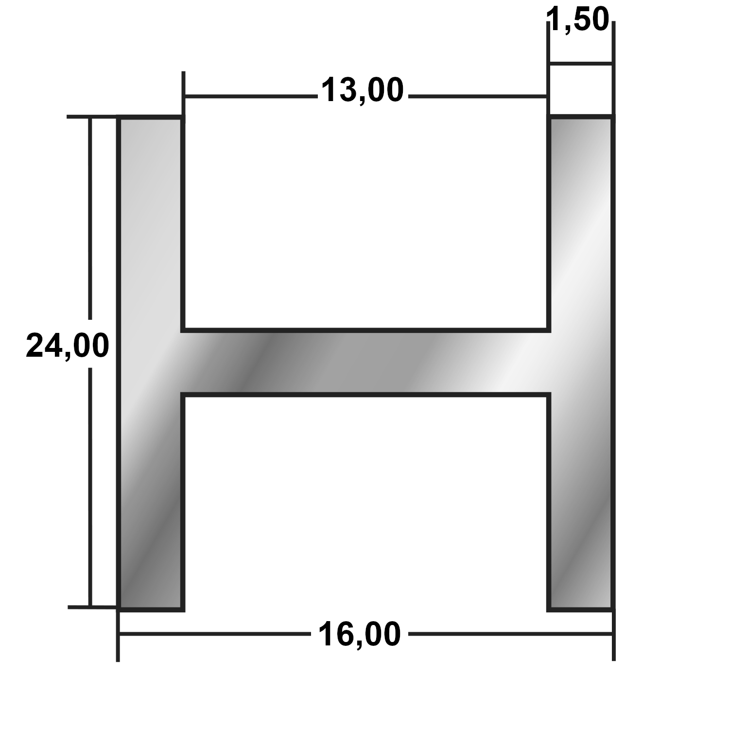 Alu H- Profil "ELOXIERT" 24 x 16 x 1,5 mm (Innen 13 mm)